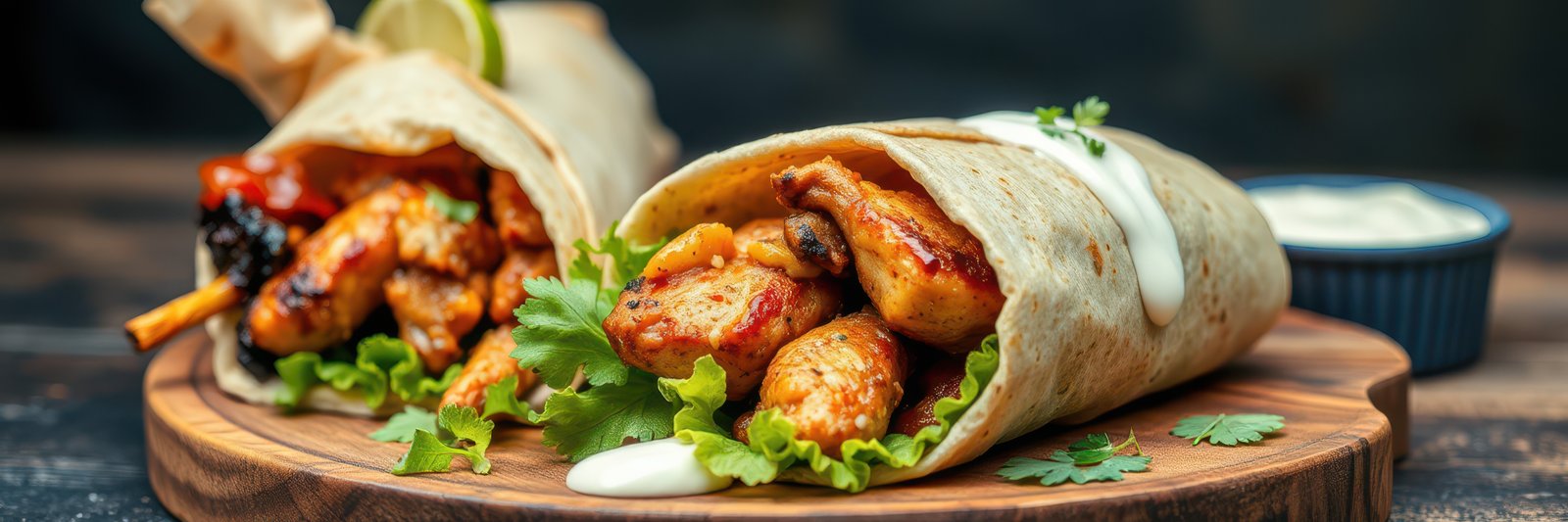 Delicious grilled chicken wraps served on a wooden platter with fresh vegetables and sauce